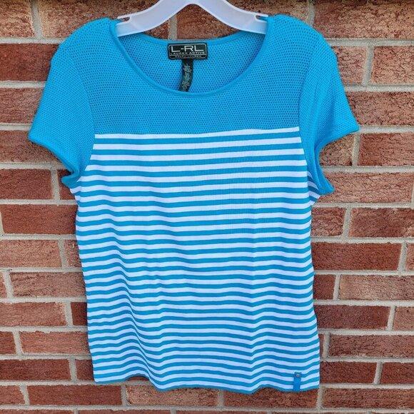 L-RL Lauren Active Ralph Lauren Tee Shirt Women's Size L Striped Blue &White - Picture 1 of 4